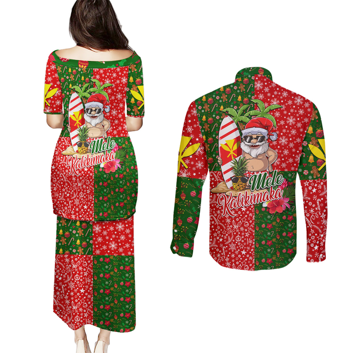 Hawaii Christmas Couples Matching Puletasi Dress and Long Sleeve Button Shirts Mele Kalikimaka Kanaka Maoli DT02 - Polynesian Pride