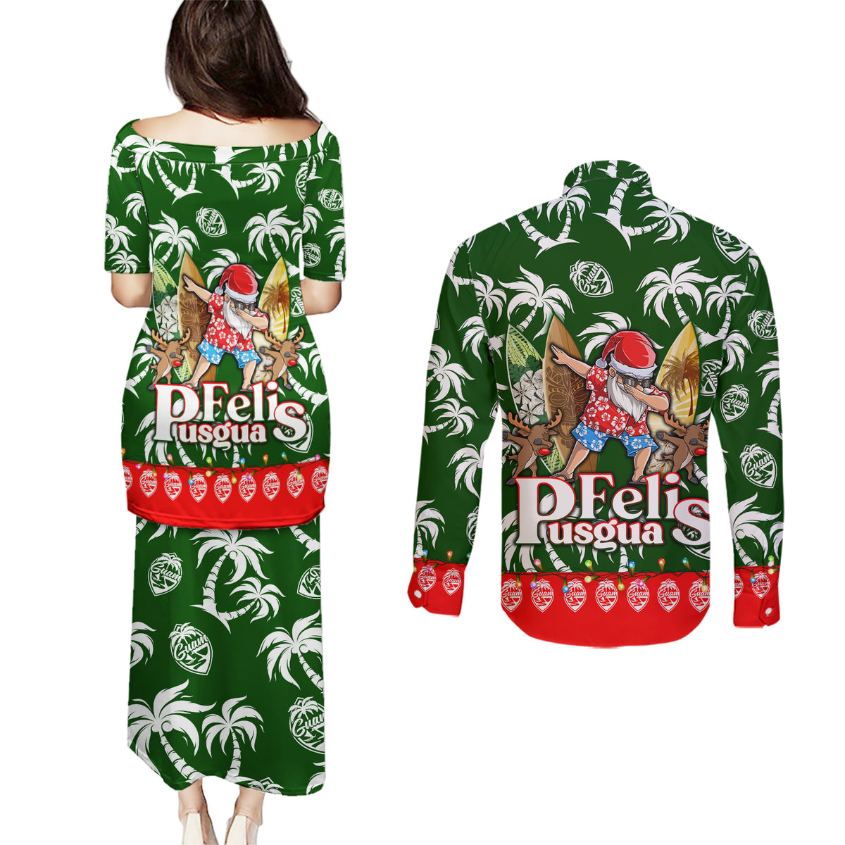 Guam Christmas Couples Matching Puletasi Dress and Long Sleeve Button Shirts Felis Pusgua Tropical Xmas Patterns DT02 - Polynesian Pride