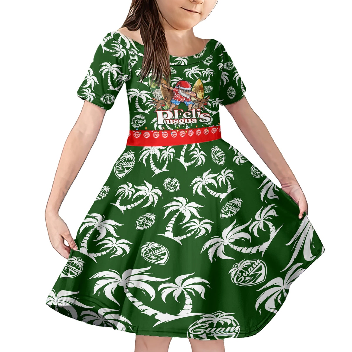 Guam Christmas Family Matching Short Sleeve Bodycon Dress and Hawaiian Shirt Felis Pusgua Tropical Xmas Patterns DT02 Daughter's Dress Green - Polynesian Pride