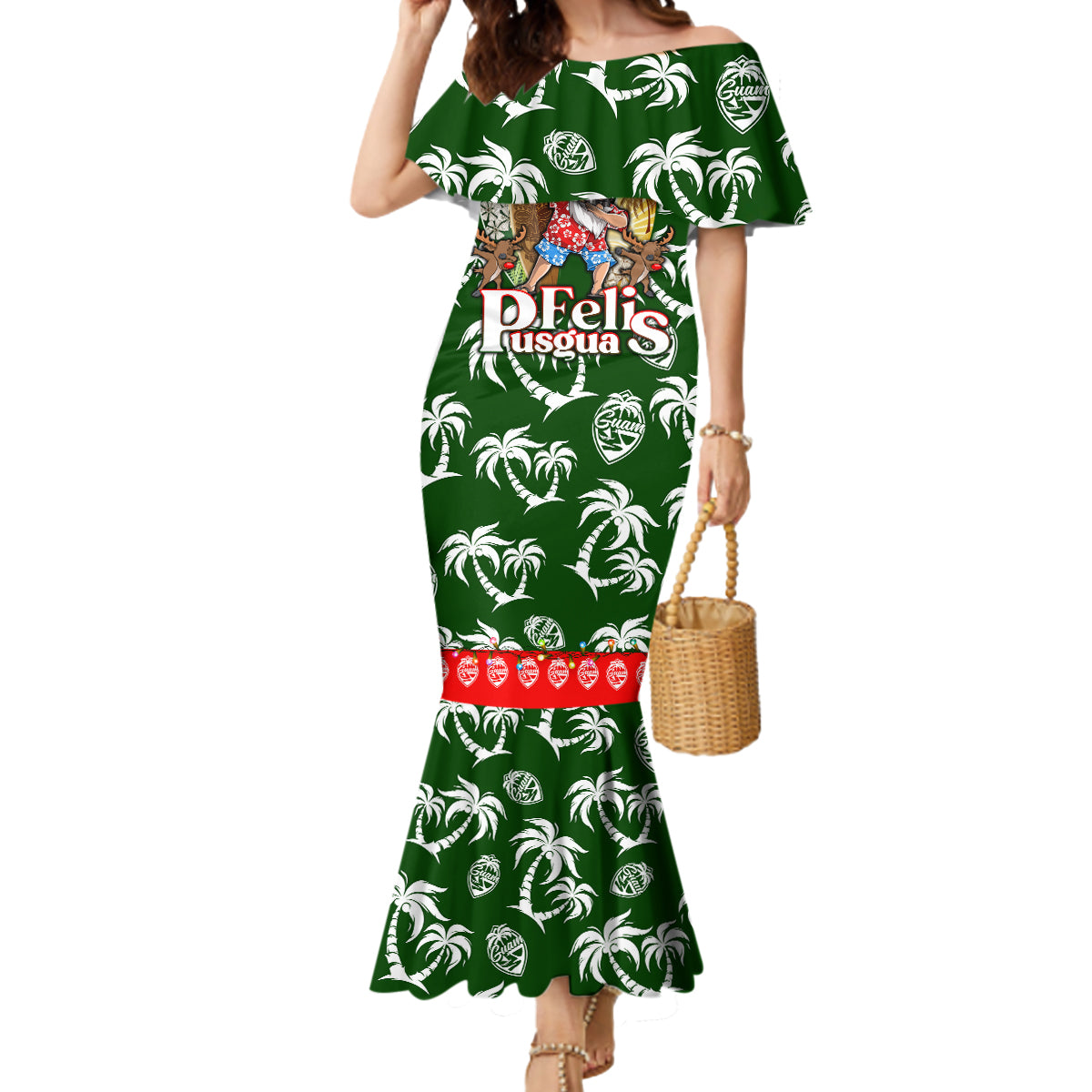 Guam Christmas Mermaid Dress Felis Pusgua Tropical Xmas Patterns DT02 Women Green - Polynesian Pride