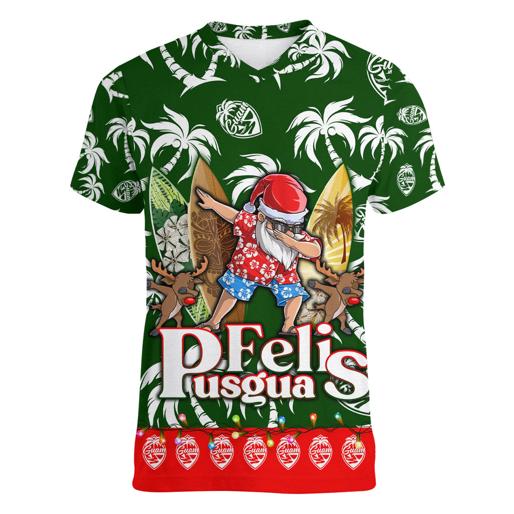 Guam Christmas Women V Neck T Shirt Felis Pusgua Tropical Xmas Patterns DT02 Female Green - Polynesian Pride