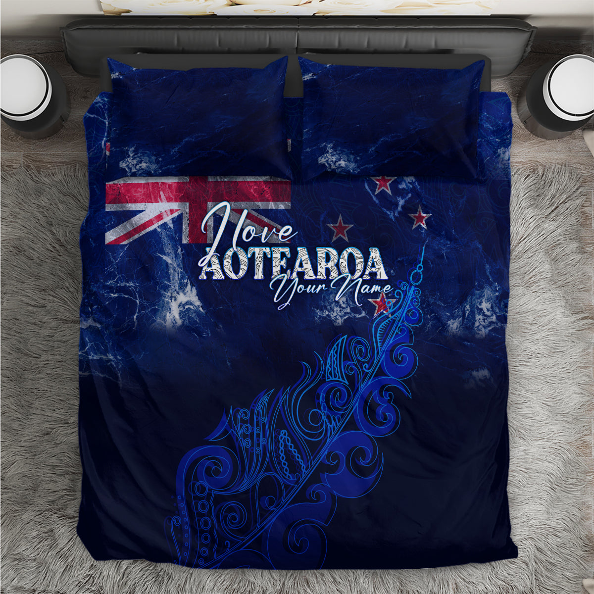 Personalised New Zealand Bedding Set Aotearoa Map Silver Fern DT02 Blue - Polynesian Pride