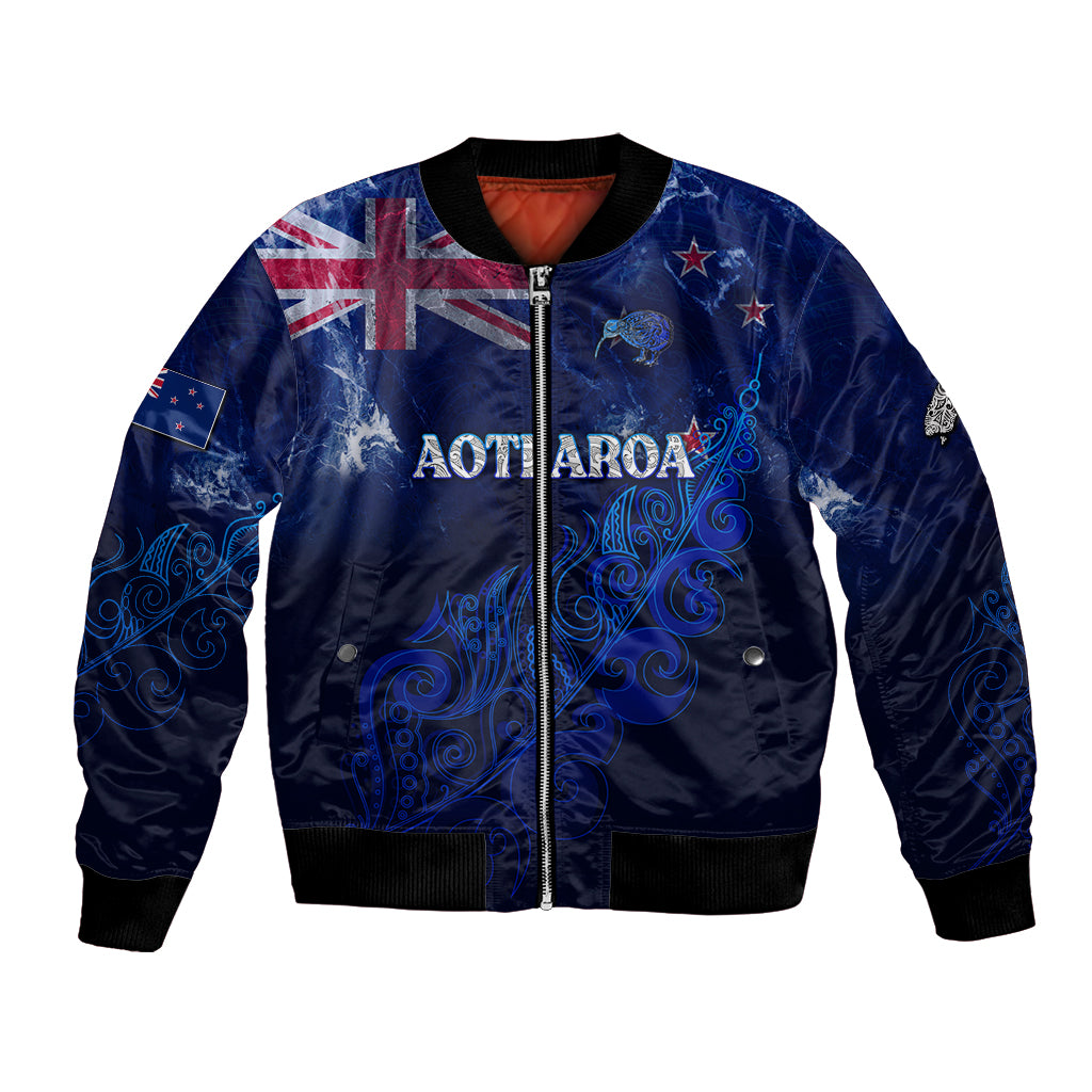 Personalised New Zealand Bomber Jacket Aotearoa Map Silver Fern DT02 Unisex Blue - Polynesian Pride