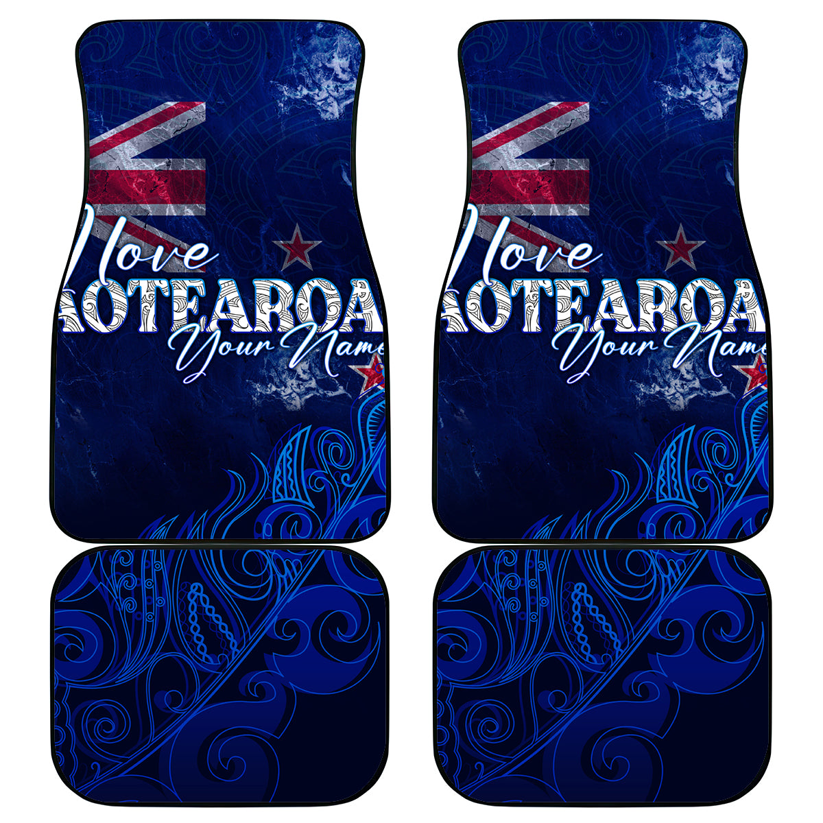 Personalised New Zealand Car Mats Aotearoa Map Silver Fern DT02 Blue - Polynesian Pride