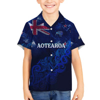 Personalised New Zealand Family Matching Long Sleeve Bodycon Dress and Hawaiian Shirt Aotearoa Map Silver Fern DT02 Son's Shirt Blue - Polynesian Pride