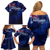Personalised New Zealand Family Matching Off Shoulder Short Dress and Hawaiian Shirt Aotearoa Map Silver Fern DT02 - Polynesian Pride