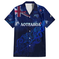 Personalised New Zealand Family Matching Tank Maxi Dress and Hawaiian Shirt Aotearoa Map Silver Fern DT02 Dad's Shirt - Short Sleeve Blue - Polynesian Pride