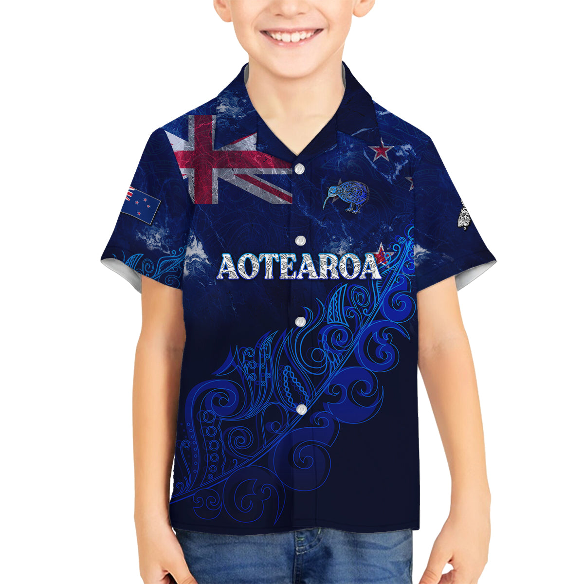 Personalised New Zealand Family Matching Tank Maxi Dress and Hawaiian Shirt Aotearoa Map Silver Fern DT02 Son's Shirt Blue - Polynesian Pride