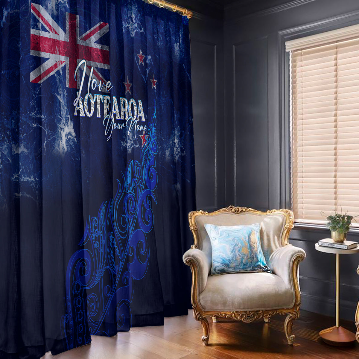 Personalised New Zealand Window Curtain Aotearoa Map Silver Fern DT02 With Hooks Blue - Polynesian Pride