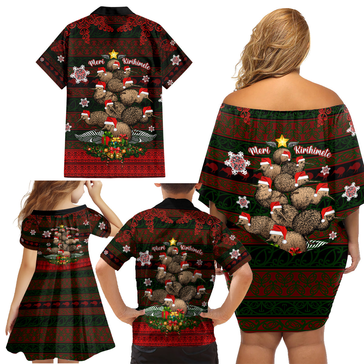 Meri Kirihimete New Zealand Family Matching Off Shoulder Short Dress and Hawaiian Shirt Christmas Kiwi Maori DT02 - Polynesian Pride