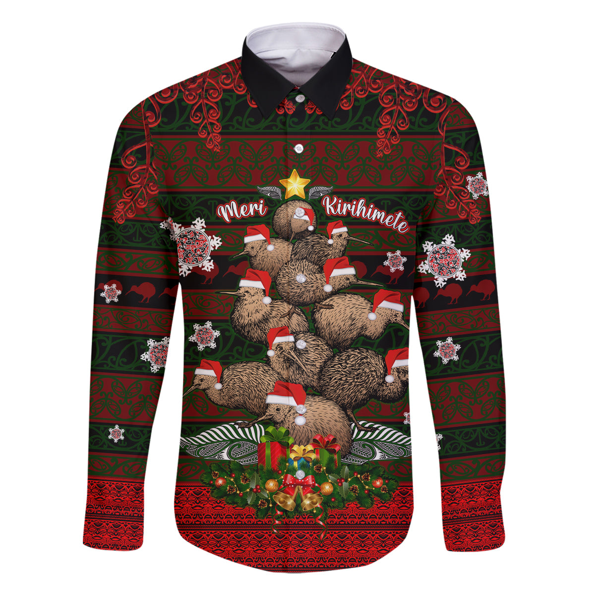 Meri Kirihimete New Zealand Family Matching Summer Maxi Dress and Hawaiian Shirt Christmas Kiwi Maori DT02 Dad's Shirt - Long Sleeve Red - Polynesian Pride