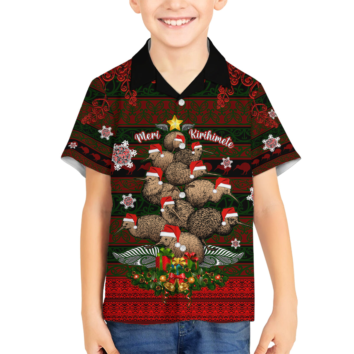 Meri Kirihimete New Zealand Family Matching Summer Maxi Dress and Hawaiian Shirt Christmas Kiwi Maori DT02 Son's Shirt Red - Polynesian Pride