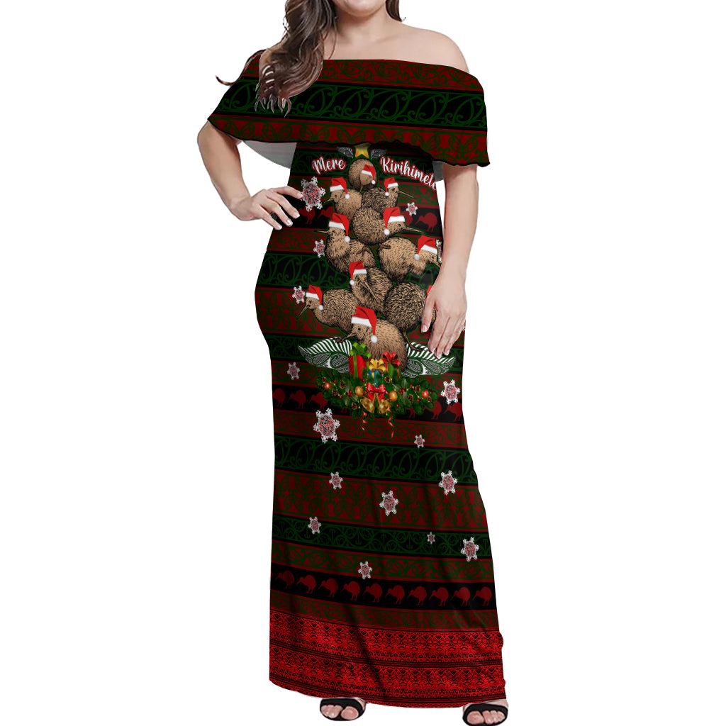 Meri Kirihimete New Zealand Off Shoulder Maxi Dress Christmas Kiwi Maori DT02 Women Red - Polynesian Pride