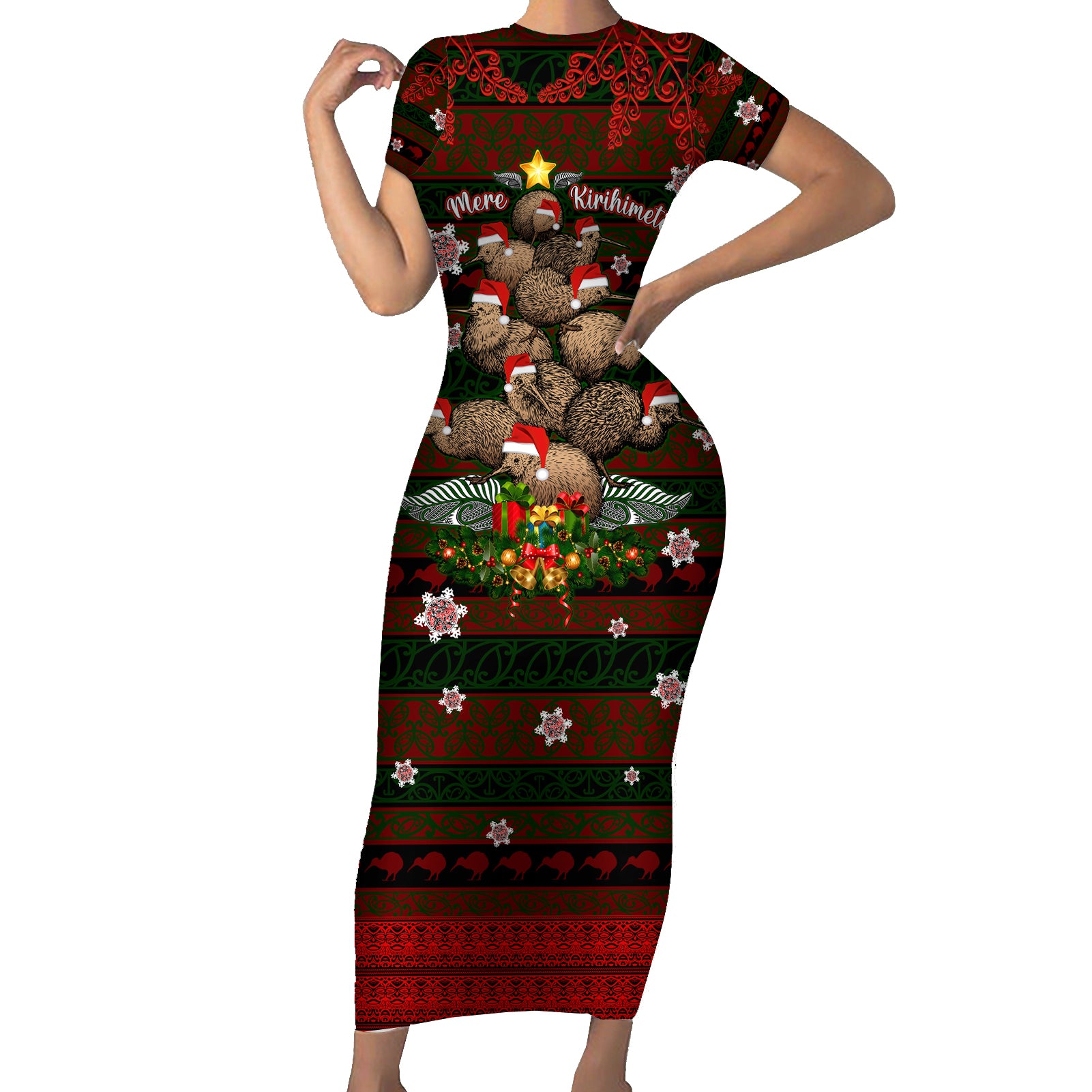 Meri Kirihimete New Zealand Short Sleeve Bodycon Dress Christmas Kiwi Maori DT02 Long Dress Red - Polynesian Pride