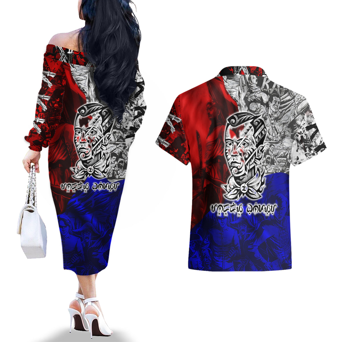 Philippines Bonifacio Day Couples Matching Off The Shoulder Long Sleeve Dress and Hawaiian Shirt DT02 - Polynesian Pride