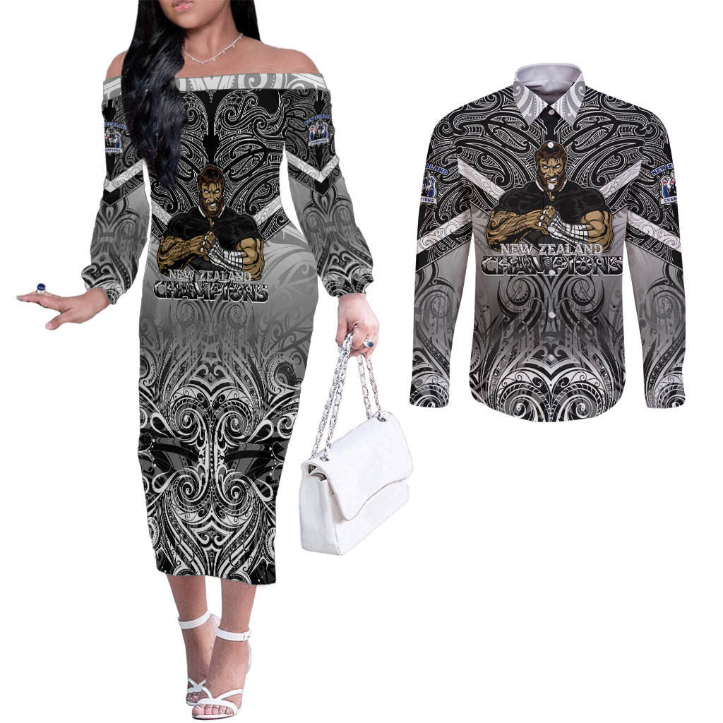 New Zealand Couples Matching Off The Shoulder Long Sleeve Dress and Long Sleeve Button Shirt Rugby Aotearoa Champions DT02 Black - Polynesian Pride