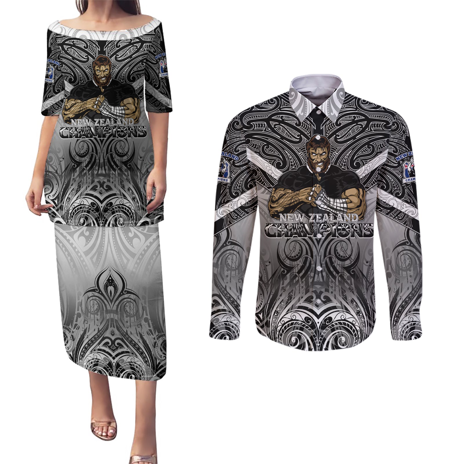 New Zealand Couples Matching Puletasi Dress and Long Sleeve Button Shirt Rugby Aotearoa Champions DT02 Black - Polynesian Pride