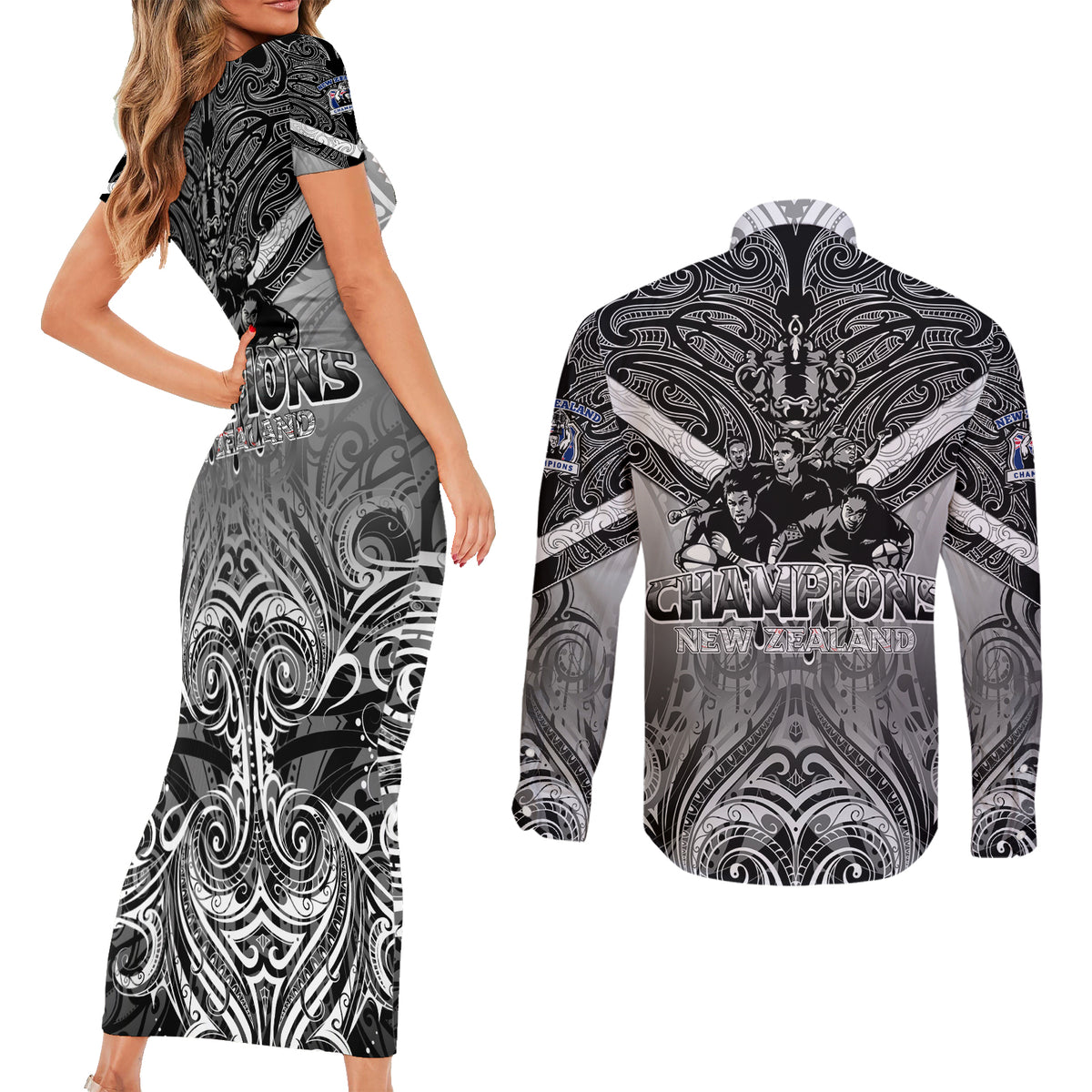 New Zealand Couples Matching Short Sleeve Bodycon Dress and Long Sleeve Button Shirt Rugby Aotearoa Champions DT02 - Polynesian Pride