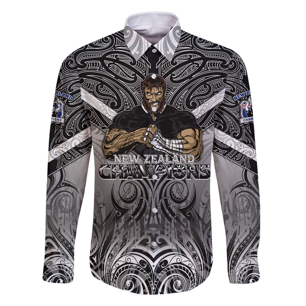 New Zealand Family Matching Off Shoulder Long Sleeve Dress and Hawaiian Shirt Rugby Aotearoa Champions DT02 Dad's Shirt - Long Sleeve Black - Polynesian Pride