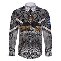 New Zealand Family Matching Off Shoulder Maxi Dress and Hawaiian Shirt Rugby Aotearoa Champions DT02 Dad's Shirt - Long Sleeve Black - Polynesian Pride