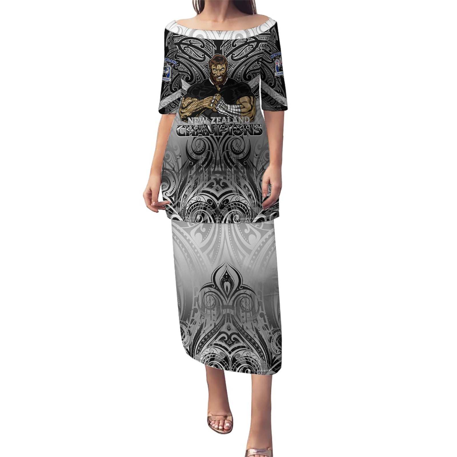 New Zealand Puletasi Rugby Aotearoa Champions DT02 Long Dress Black - Polynesian Pride