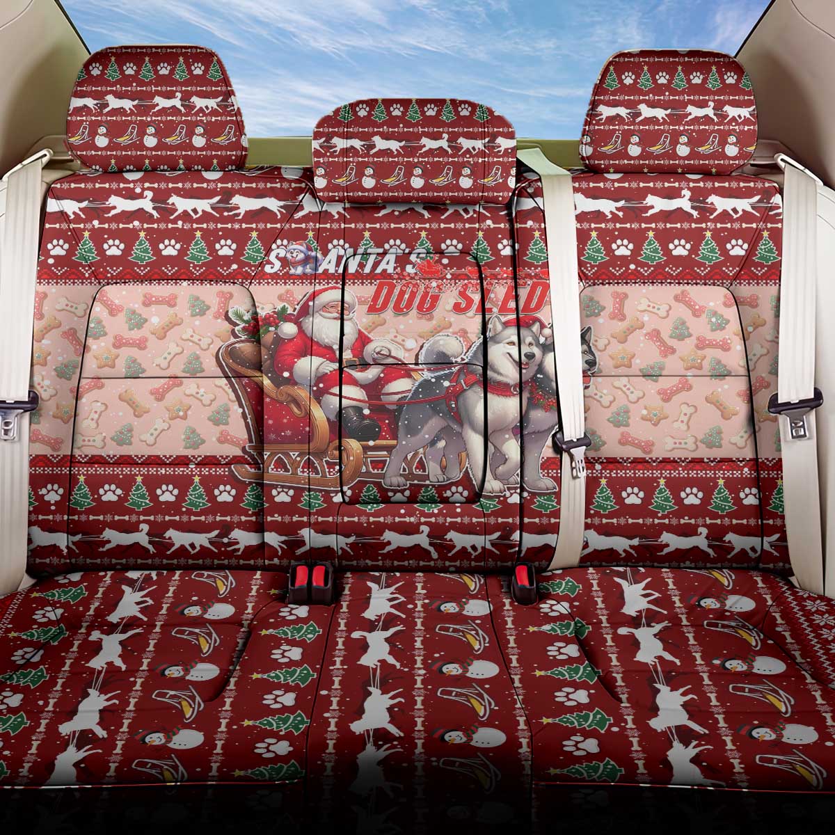 Dog Sled Christmas Back Car Seat Cover Husky Sleigh Ride Design - Polynesian Pride