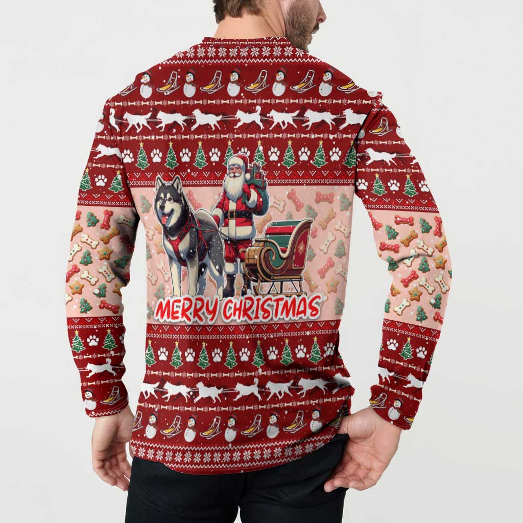Dog Sled Christmas Button Sweatshirt Husky Sleigh Ride Design - Polynesian Pride