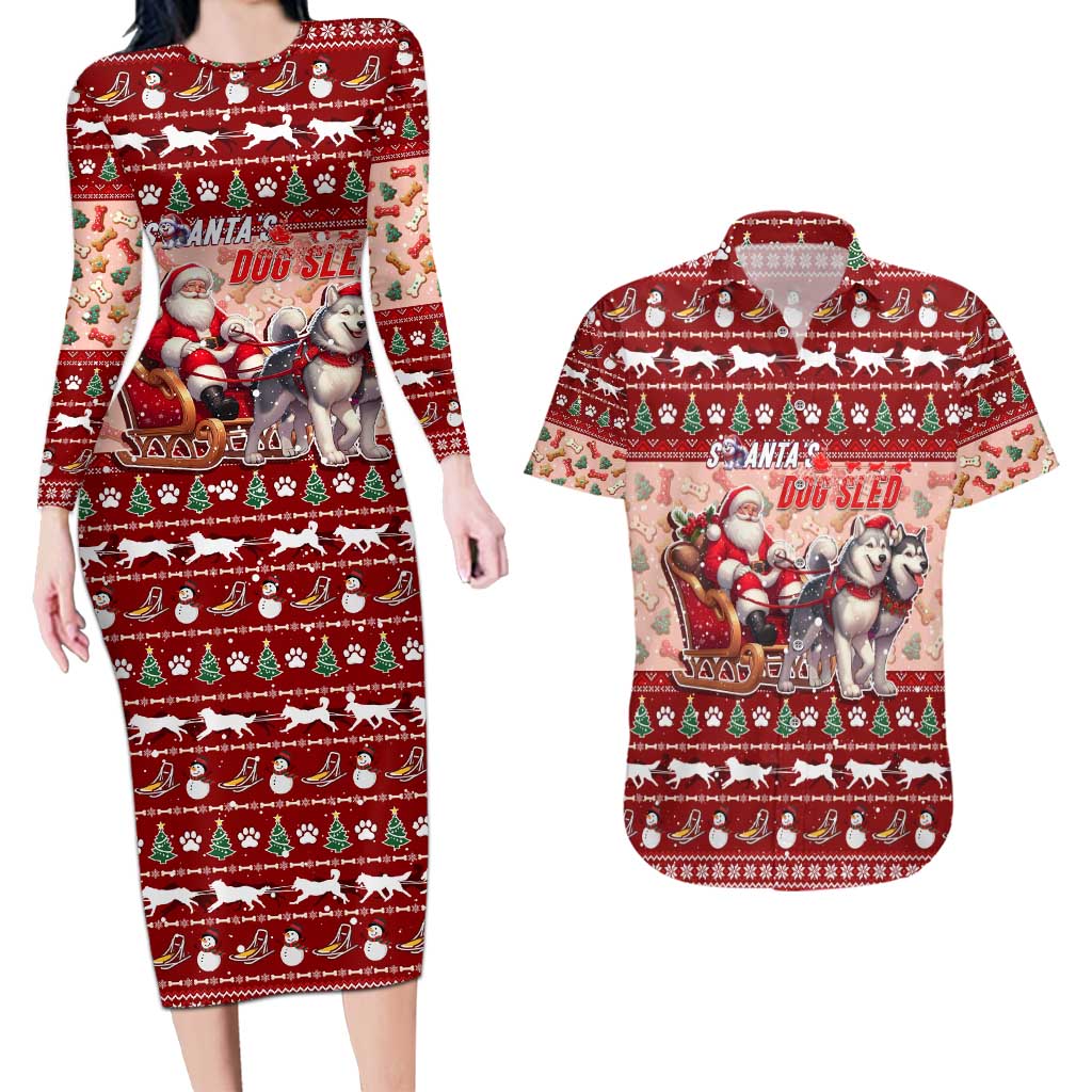 Dog Sled Christmas Couples Matching Long Sleeve Bodycon Dress and Hawaiian Shirt Husky Sleigh Ride Design - Polynesian Pride