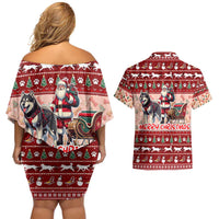 Dog Sled Christmas Couples Matching Off Shoulder Short Dress and Hawaiian Shirt Husky Sleigh Ride Design - Polynesian Pride