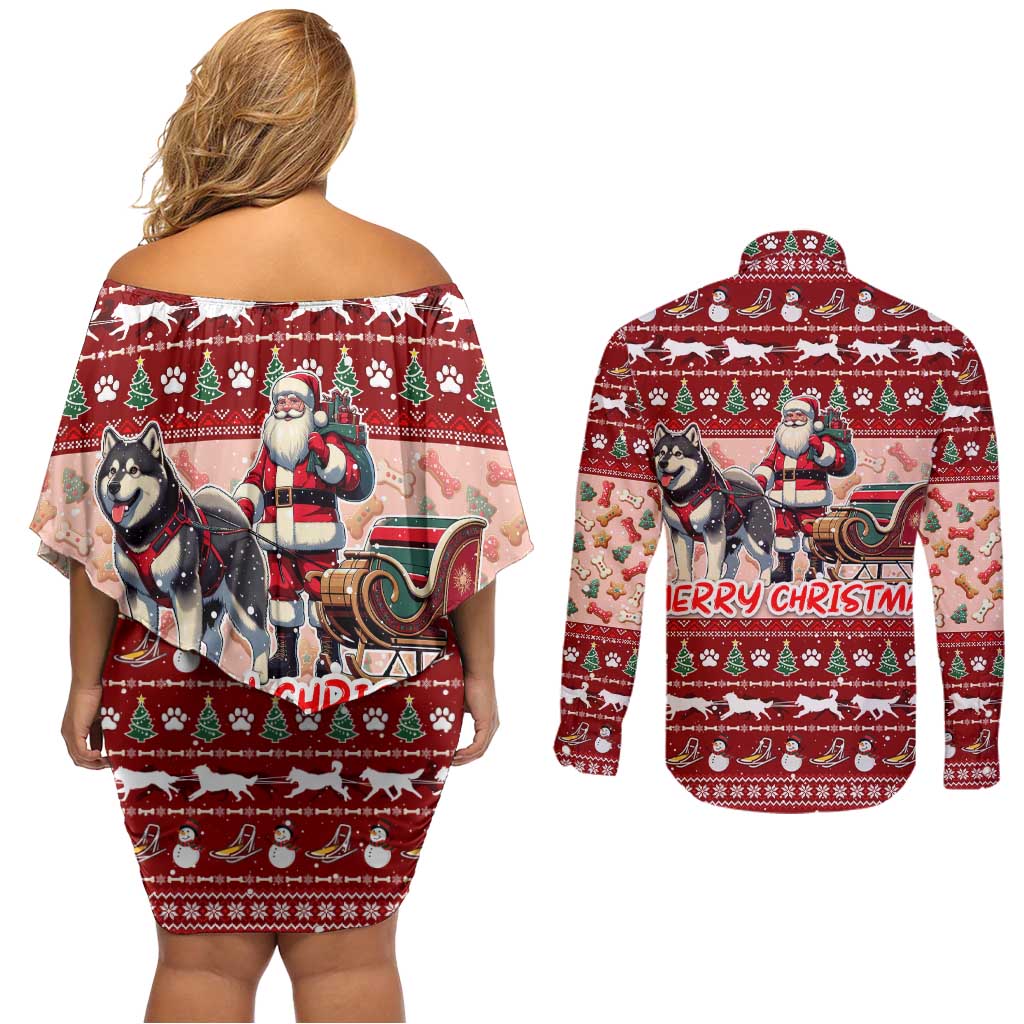 Dog Sled Christmas Couples Matching Off Shoulder Short Dress and Long Sleeve Button Shirt Husky Sleigh Ride Design - Polynesian Pride