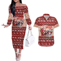 Dog Sled Christmas Couples Matching Off The Shoulder Long Sleeve Dress and Hawaiian Shirt Husky Sleigh Ride Design - Polynesian Pride