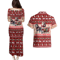 Dog Sled Christmas Couples Matching Puletasi and Hawaiian Shirt Husky Sleigh Ride Design - Polynesian Pride