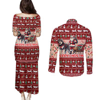 Dog Sled Christmas Couples Matching Puletasi and Long Sleeve Button Shirt Husky Sleigh Ride Design - Polynesian Pride
