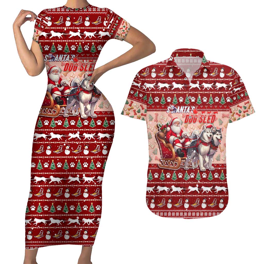 Dog Sled Christmas Couples Matching Short Sleeve Bodycon Dress and Hawaiian Shirt Husky Sleigh Ride Design - Polynesian Pride