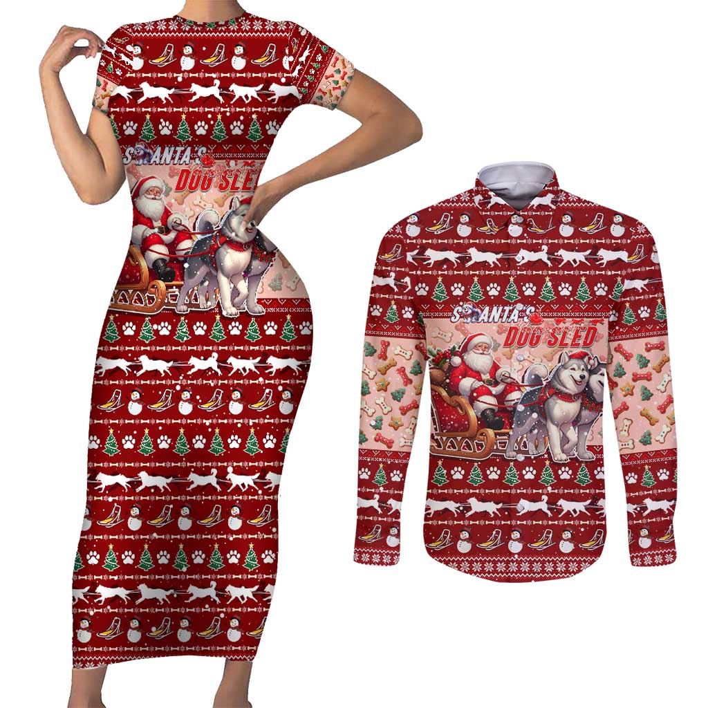 Dog Sled Christmas Couples Matching Short Sleeve Bodycon Dress and Long Sleeve Button Shirt Husky Sleigh Ride Design - Polynesian Pride