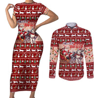Dog Sled Christmas Couples Matching Short Sleeve Bodycon Dress and Long Sleeve Button Shirt Husky Sleigh Ride Design - Polynesian Pride