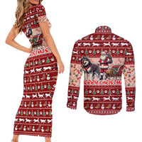 Dog Sled Christmas Couples Matching Short Sleeve Bodycon Dress and Long Sleeve Button Shirt Husky Sleigh Ride Design - Polynesian Pride