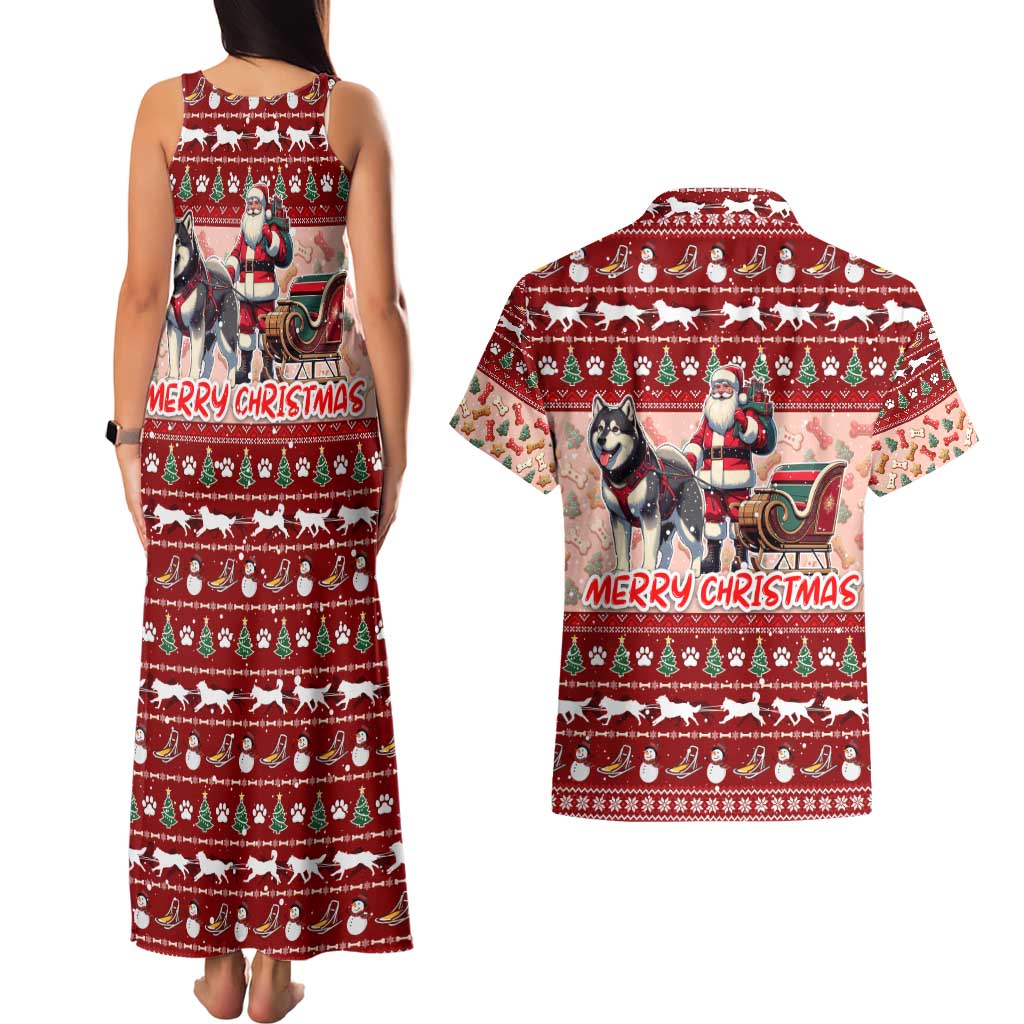 Dog Sled Christmas Couples Matching Tank Maxi Dress and Hawaiian Shirt Husky Sleigh Ride Design - Polynesian Pride