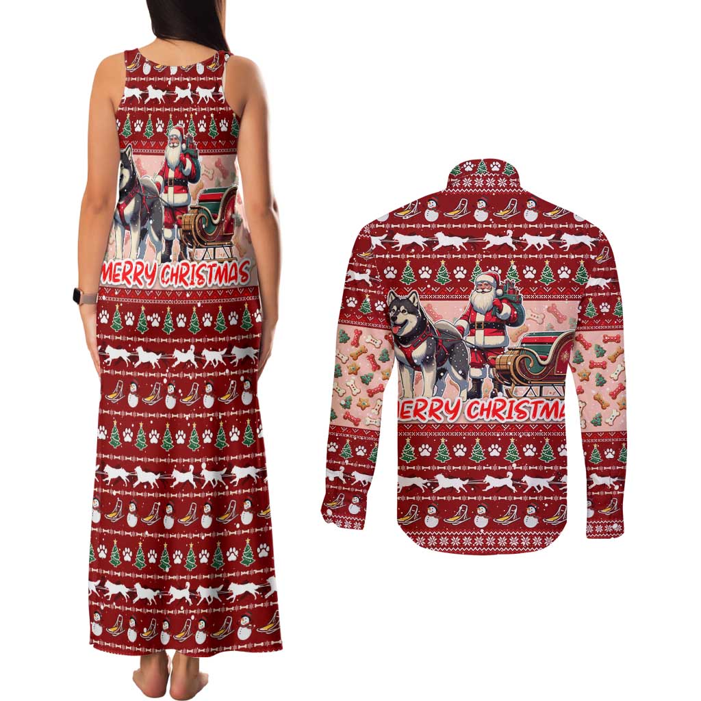 Dog Sled Christmas Couples Matching Tank Maxi Dress and Long Sleeve Button Shirt Husky Sleigh Ride Design - Polynesian Pride