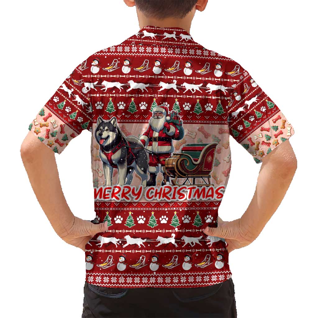 Dog Sled Christmas Family Matching Long Sleeve Bodycon Dress and Hawaiian Shirt Husky Sleigh Ride Design - Polynesian Pride