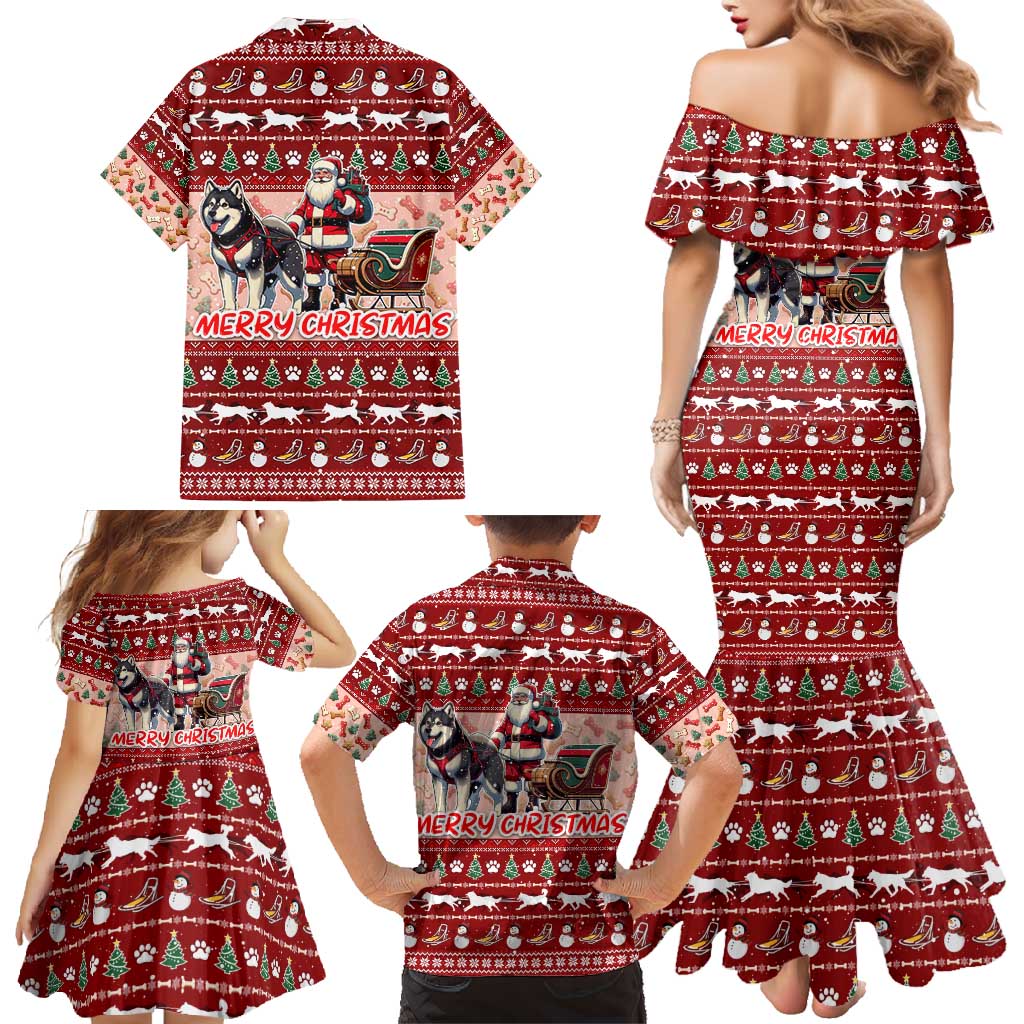 Dog Sled Christmas Family Matching Mermaid Dress and Hawaiian Shirt Husky Sleigh Ride Design - Polynesian Pride