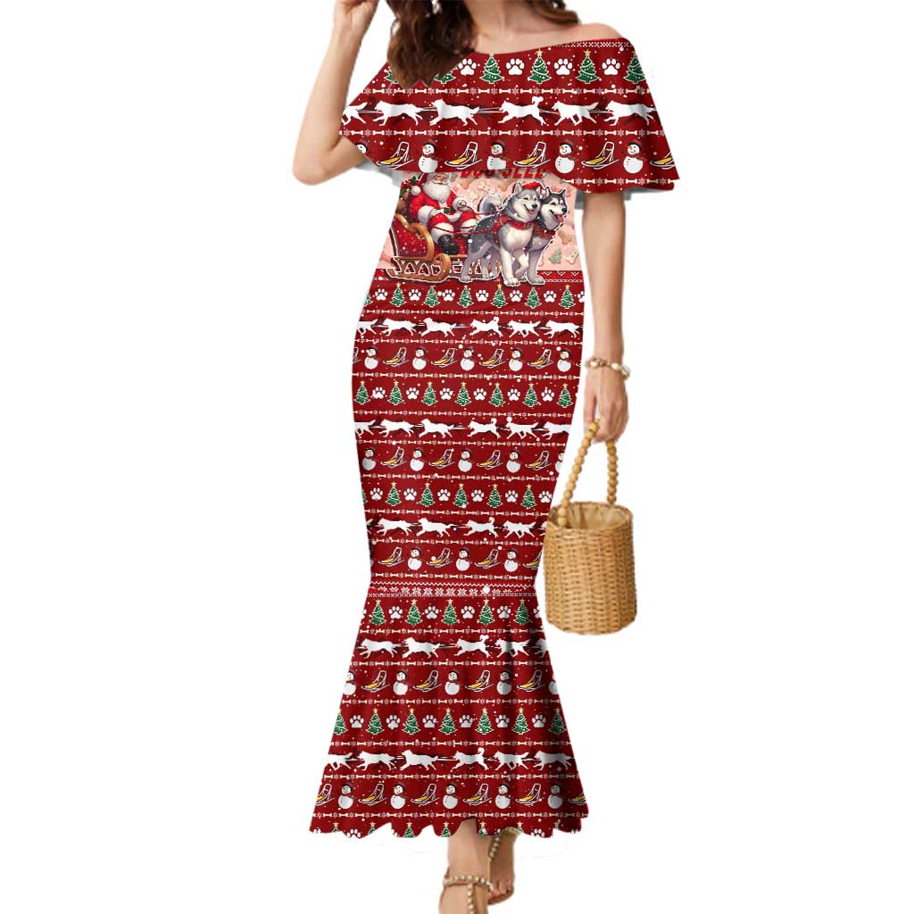 Dog Sled Christmas Family Matching Mermaid Dress and Hawaiian Shirt Husky Sleigh Ride Design - Polynesian Pride