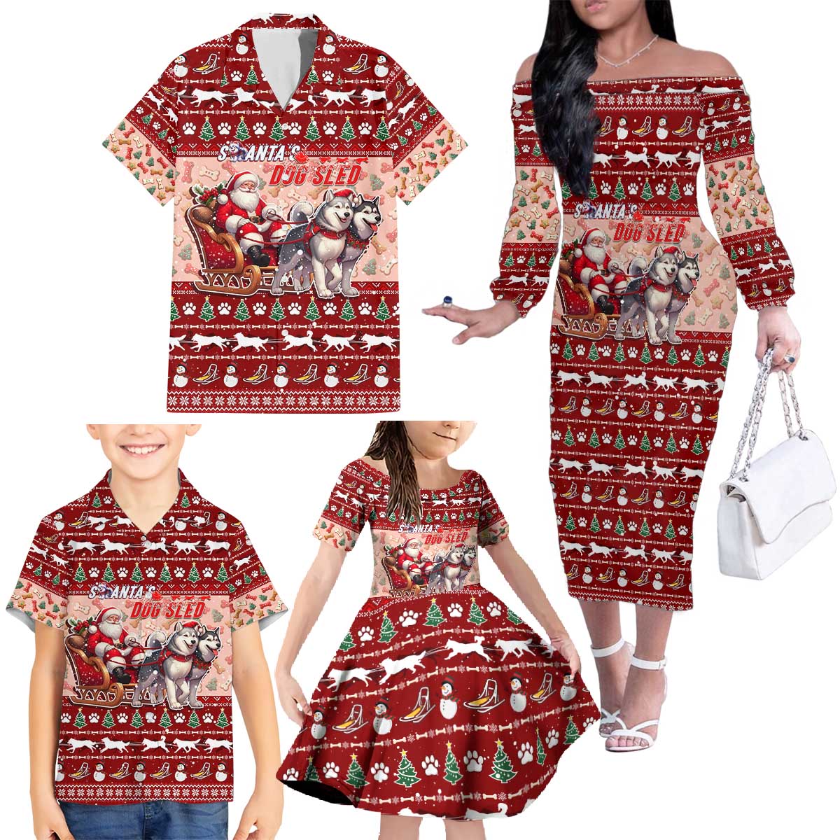 Dog Sled Christmas Family Matching Off The Shoulder Long Sleeve Dress and Hawaiian Shirt Husky Sleigh Ride Design - Polynesian Pride