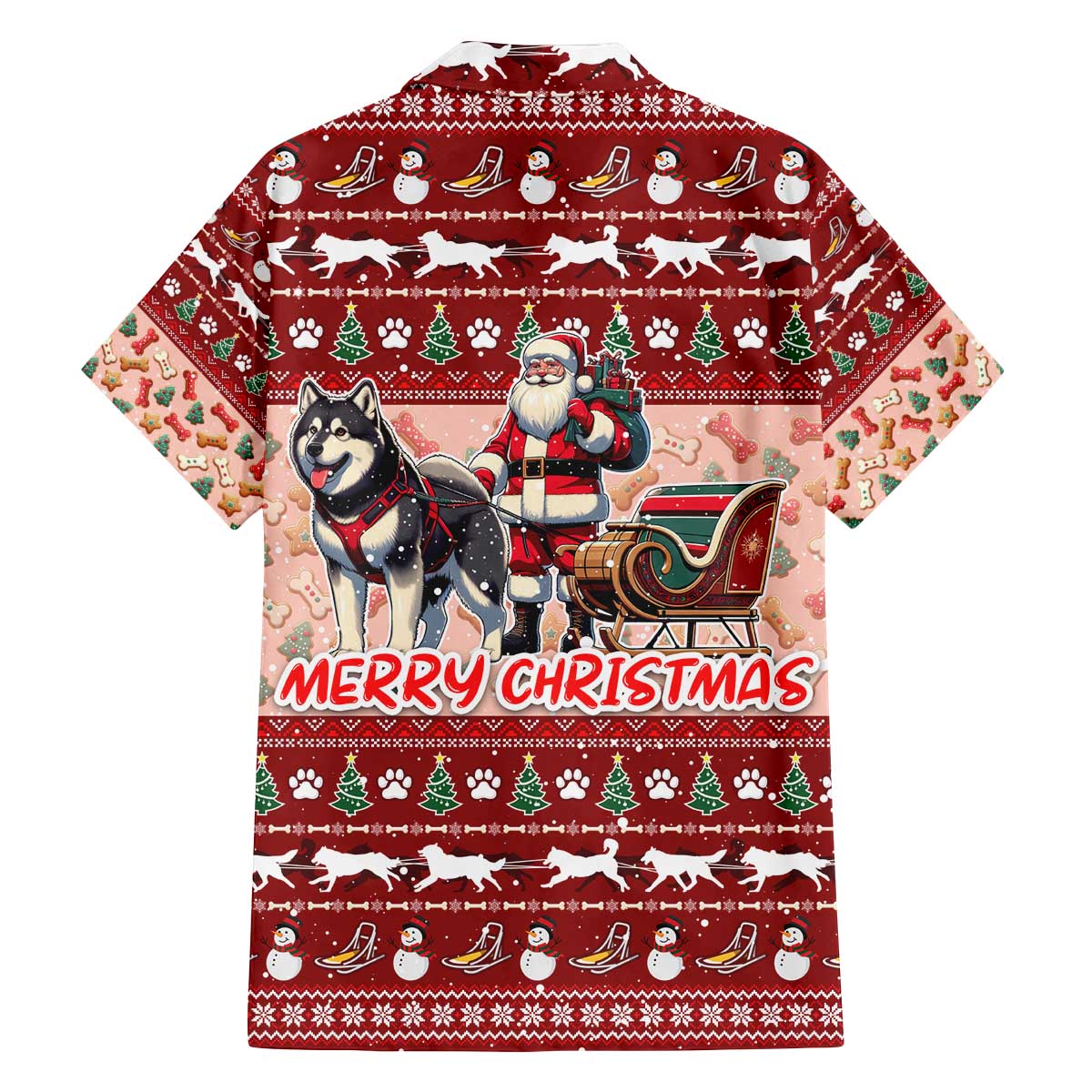 Dog Sled Christmas Family Matching Off The Shoulder Long Sleeve Dress and Hawaiian Shirt Husky Sleigh Ride Design - Polynesian Pride