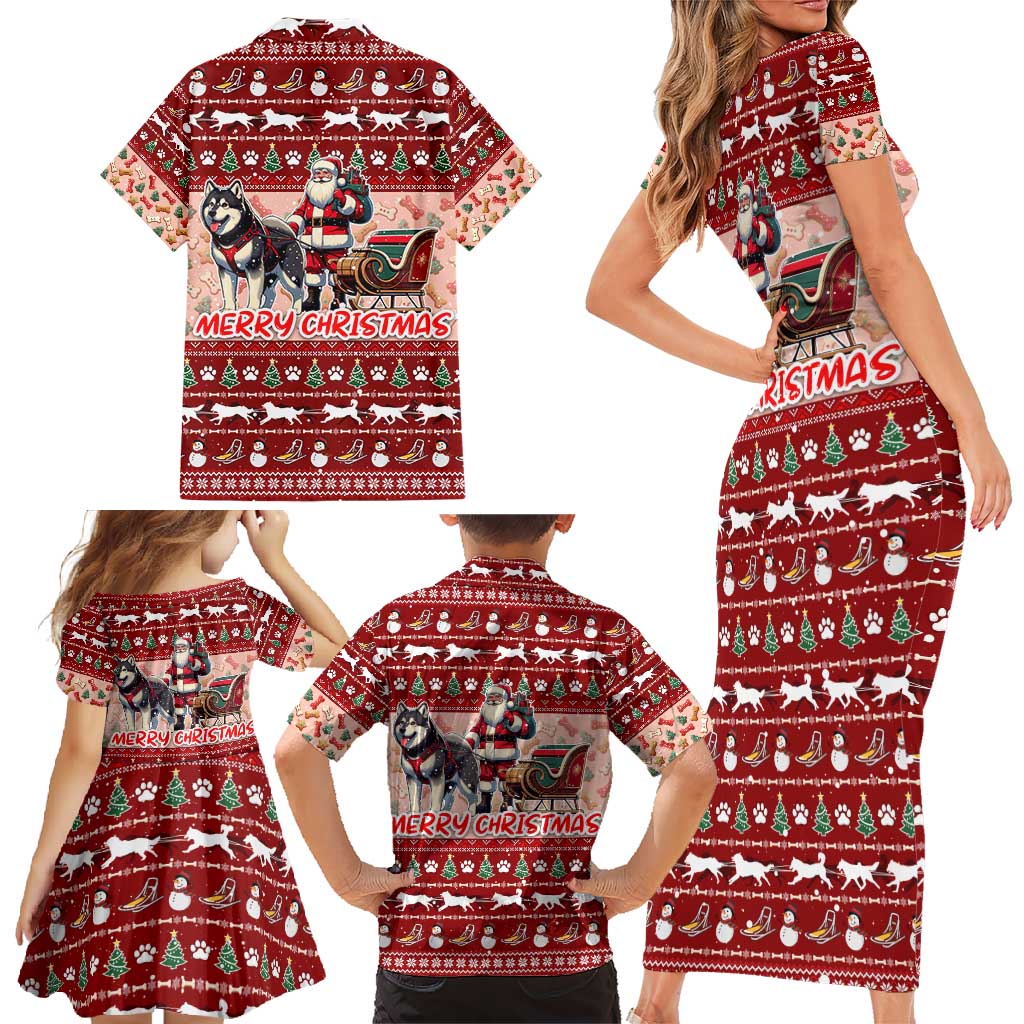 Dog Sled Christmas Family Matching Short Sleeve Bodycon Dress and Hawaiian Shirt Husky Sleigh Ride Design - Polynesian Pride