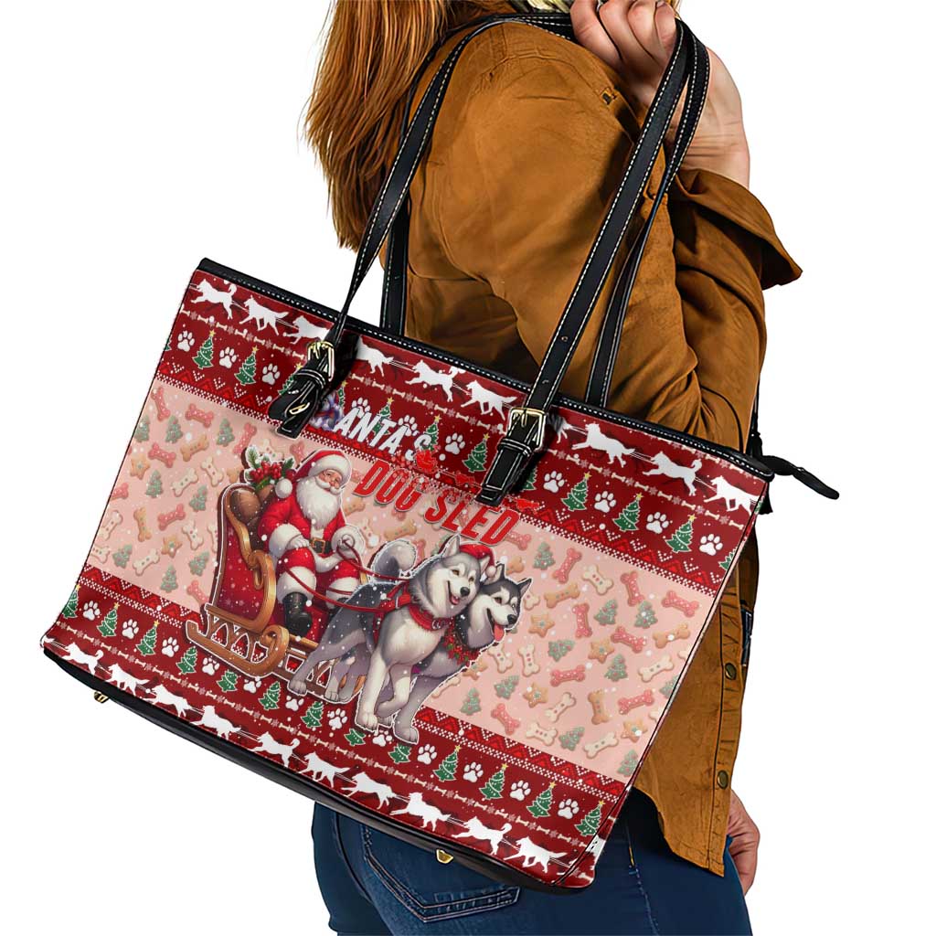 Dog Sled Christmas Leather Tote Bag Husky Sleigh Ride Design - Polynesian Pride