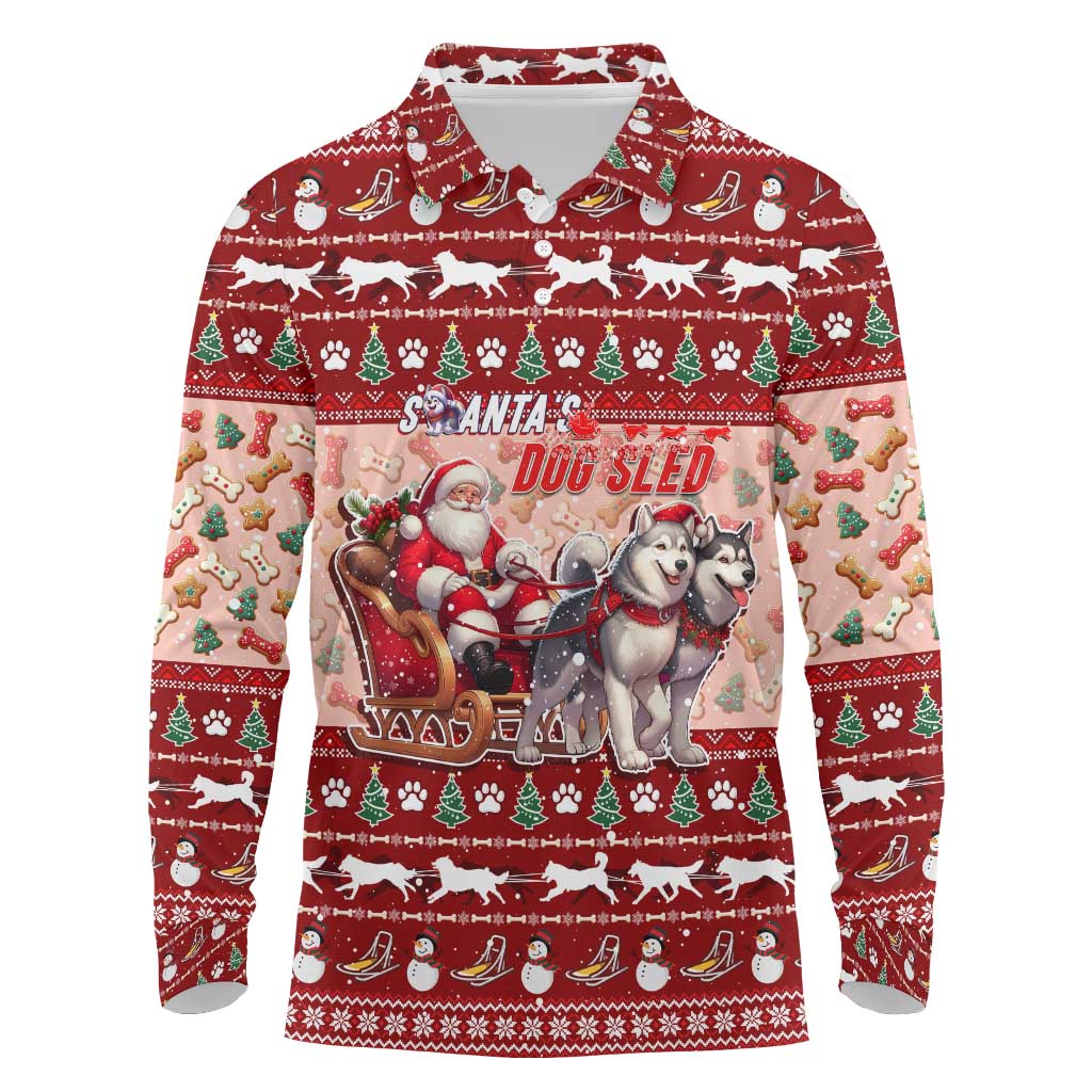 Dog Sled Christmas Long Sleeve Polo Shirt Husky Sleigh Ride Design - Polynesian Pride