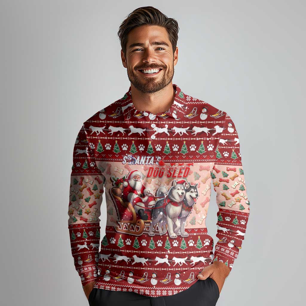 Dog Sled Christmas Long Sleeve Polo Shirt Husky Sleigh Ride Design - Polynesian Pride