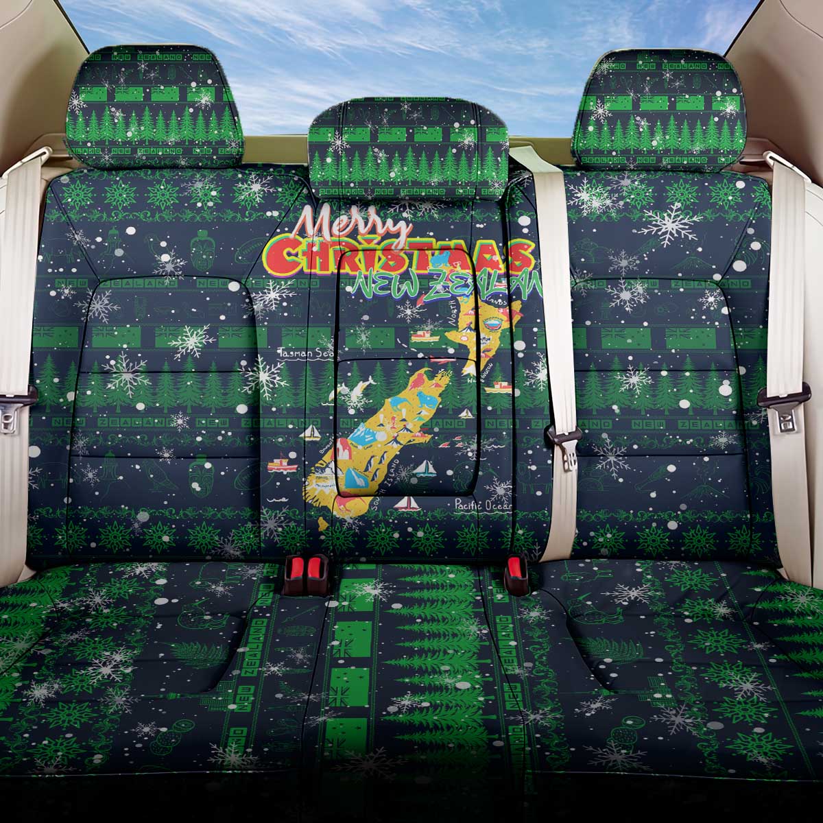 Merry Christmas New Zealand Back Car Seat Cover Xmas Travel Map - Polynesian Pride