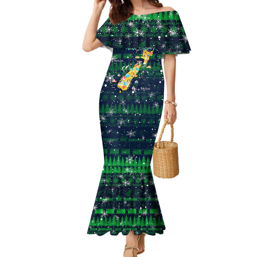 Merry Christmas New Zealand Family Matching Mermaid Dress and Hawaiian Shirt Xmas Travel Map - Polynesian Pride